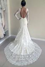 White Lace Mermaid Long Sleeve Backless Wedding Dresses with Sweep Train, MW181