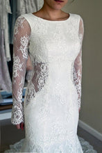 White Lace Mermaid Long Sleeve Backless Wedding Dresses with Sweep Train, MW181
