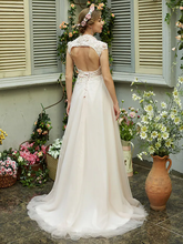A-Line Wedding Dresses High Neck Sweep  Brush Train Tulle Short Sleeve Open Back with Bowknot Sash  Ribbon Beading