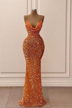 Long Sequined V-Neck Spaghetti Strap Mermaid Prom Dress
