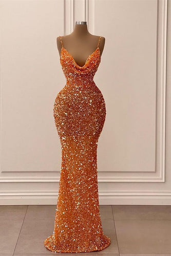 Long Sequined V-Neck Spaghetti Strap Mermaid Prom Dress