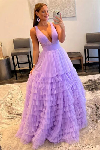 A-line Off The Shoulder V-Neck Prom Dress with Ethereal Tulle Layers