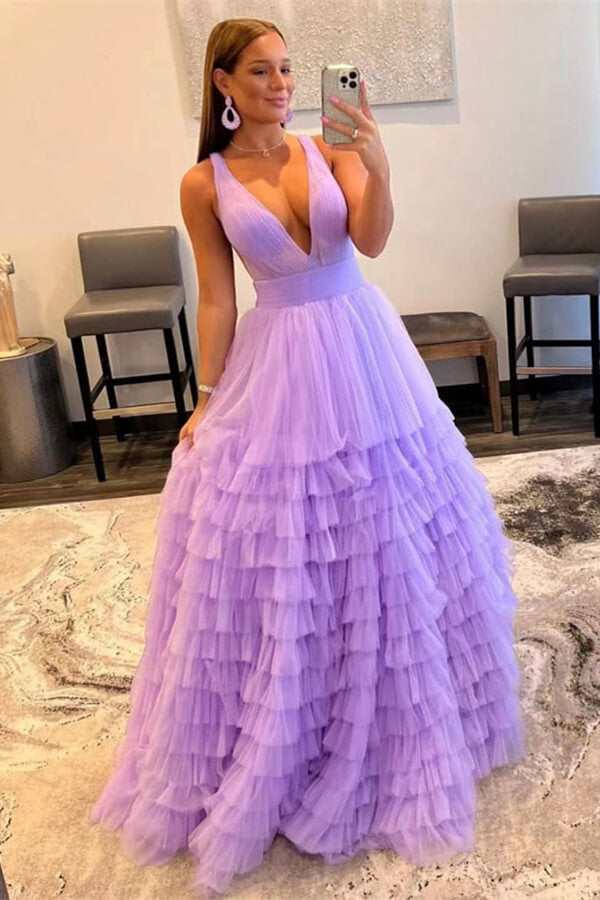 A-line Off The Shoulder V-Neck Prom Dress with Ethereal Tulle Layers