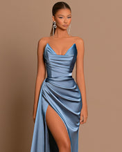 Simple Blue Satin Draped Mermaid Long Prom Dress with Slit