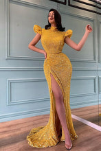 Long Sequined High Neck Beaded Mermaid Prom Dress With Split