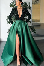 Long Sleeves Mermaid V-Neck Sequins Satin Prom Dress with Split