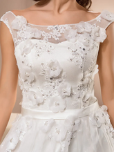 A-Line Wedding Dresses Scoop Neck Chapel Train Lace Organza Sleeveless with Sash  Ribbon Beading Appliques