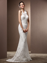 Wedding Dresses Halter Neck  Lace Regular Straps Open Back with Beading Flower Button