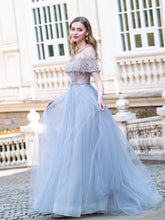 A-Line Tulle Beaded Luxurious Fashion Formal Evening Dresses Short Sleeves Floor Length Prom Dresses