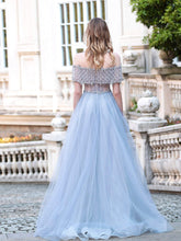 A-Line Tulle Beaded Luxurious Fashion Formal Evening Dresses Short Sleeves Floor Length Prom Dresses