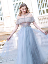 A-Line Tulle Beaded Luxurious Fashion Formal Evening Dresses Short Sleeves Floor Length Prom Dresses