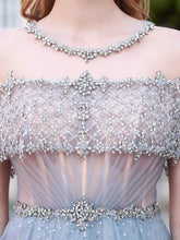 A-Line Tulle Beaded Luxurious Fashion Formal Evening Dresses Short Sleeves Floor Length Prom Dresses