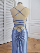 Blue Mermaid Spaghetti Straps V-Neck Rhinestone Prom Dress
