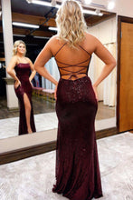 Burgundy Sequin Lace-Up Back Long Prom Dress with Slit