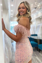Short Sequin Off the Shoulder Pink Feather Bodycon Homecoming Dress Y2862