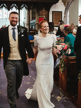 Simple Vintage Mermaid Lace Satin Open Back Evening Party Long Wedding Dresses, DB10695