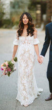 Vintage Off Shoulder Half Sleeve See Through Ivory Lace Nude Wedding Dresses, WD0009