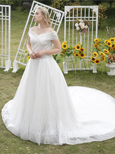 Princess Ball Gown Wedding Dresses Off Shoulder Cathedral Train Lace Tulle Sleeveless Formal Romantic Luxurious Sparkle & Shine Plus Size with Beading Sequin