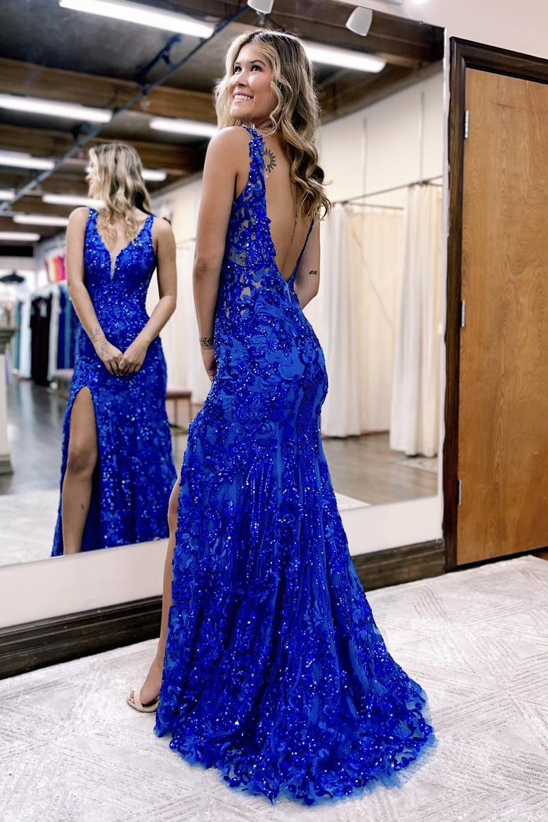 Avianna |Mermaid V Neck Sequined Lace Prom Dress with Slit Anna PromDress Avianna |Mermaid V Neck Sequined Lace Prom Dress with Slit Anna PromDress