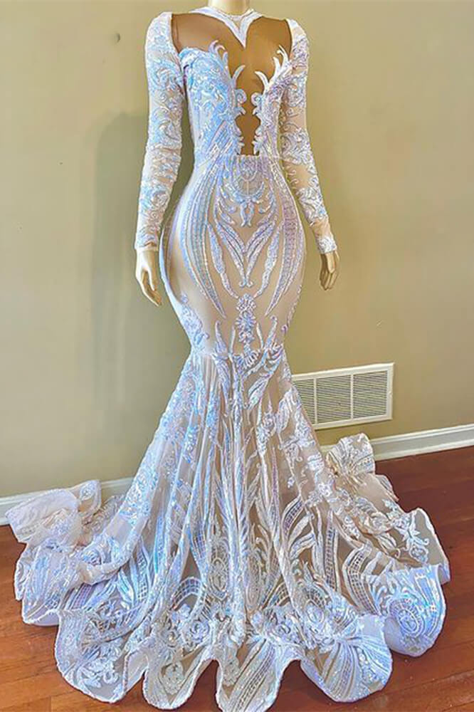 White Sequins Appliques Lace Mermaid Prom Dress With Long Sleeves