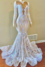 White Sequins Appliques Lace Mermaid Prom Dress With Long Sleeves