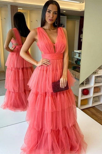 Refreshing Watermelon Tulle V-Neck Long Tiered Prom Gown