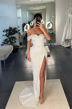 Off-the-Shoulder Mermaid Sequins White Prom Dress With Split