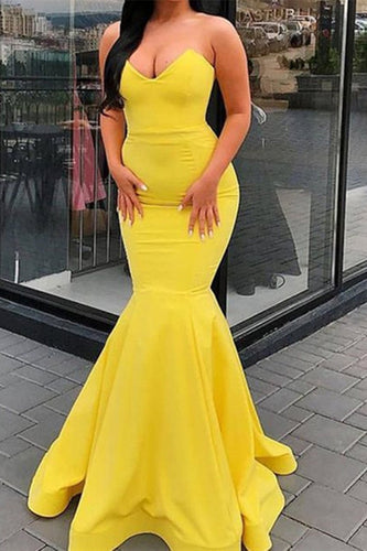 Simple Yellow V Neck Mermaid Satin Long Prom Dress with Ruffles