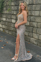 Marisela | Champagne Sequin Beaded Strapless Long Prom Dress with Slit