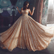 Glamorous Gold A Line Sequins Tulle Long Prom Dress with Ruffles
