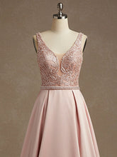 Pink A-line V-Neck Floor-Length Satin Lace Prom Dress With Sequins