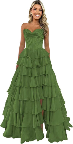 Strapless Corset Prom Dresses for Women 2025 Long Tiered Ruffle Chiffon Formal Evening Gown with Slit