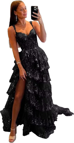 Sparkly Tiered Lace Tulle Prom Dresses Long 2025 Spaghetti Straps Formal Corset Evening Gown with Slit