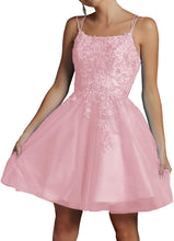 Modest Lace Beaded Tulle Homecoming Dresses Short Square Neck Prom Dress Spaghetti Straps Party Gown