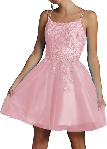 Modest Lace Beaded Tulle Homecoming Dresses Short Square Neck Prom Dress Spaghetti Straps Party Gown