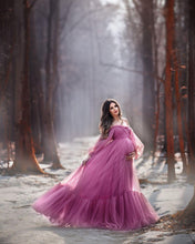 Puffy Sleeve Maternity Dress Tulle Robe for Photoshoot Off Shoulder Pregnancy Baby Shower Gown