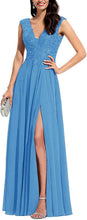 Chiffon Appliques Bridesmaid Dress Long V Neck Beaded Wedding Guest Gown with Split