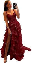 Sparkly Tiered Lace Tulle Prom Dresses Long 2025 Spaghetti Straps Formal Corset Evening Gown with Slit