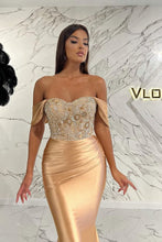 Long Off The Shoulder Mermaid Satin Beads Formal Prom Dress