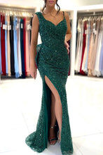 Spaghetti Strap Green Mermaid Long Prom Dress with Split Sequins