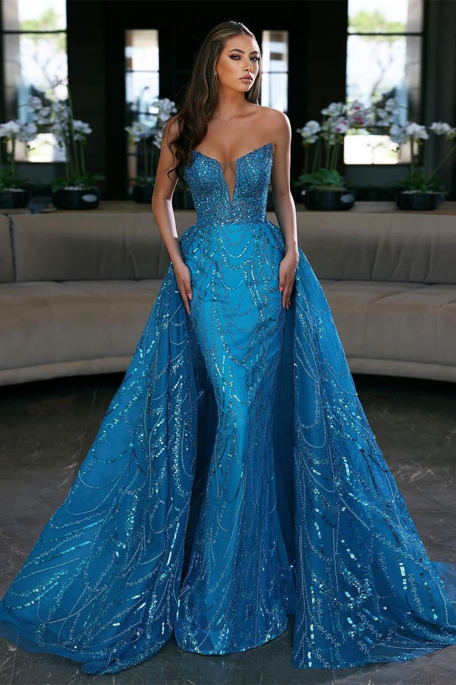 Blue Sequin Embellished Sleeveless Strapless Evening Gown with Detachable Train – Anna PromDress