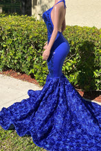 Royal Blue V-Neck Mermaid Prom Dress with Halter Neckline and Open Back