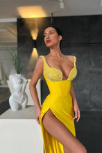 Sweetheart Yellow Mermaid Prom Dress with Slit and Beads