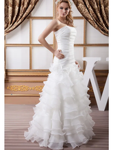 A-Line Wedding Dresses Strapless Floor Length Organza Satin Strapless with Ruched Cascading Ruffles
