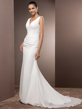 Wedding Dresses V Neck Court Train Chiffon Over Satin Regular Straps Vintage Backless Elegant with Side-Draped