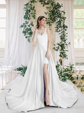 Wedding Dresses V Neck Chapel Train Short  Mini Satin Sleeveless Simple with Split Front