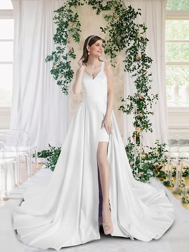 Wedding Dresses V Neck Chapel Train Short  Mini Satin Sleeveless Simple with Split Front