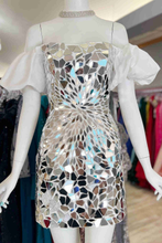 Off the Shoulder Silver Cut Glass Mirror Homecoming Dress Y1919