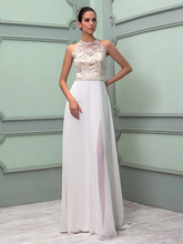 Wedding Dresses Jewel Neck Floor Length Chiffon Lace Regular Straps See-Through with Sash  Ribbon Beading Split