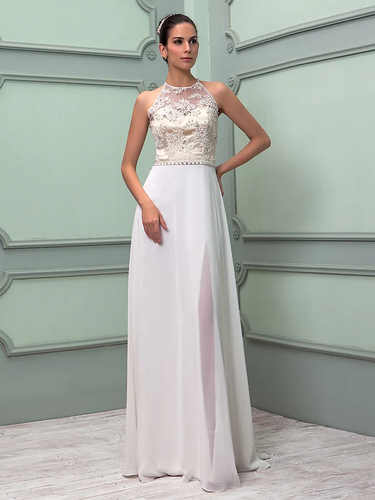 Wedding Dresses Jewel Neck Floor Length Chiffon Lace Regular Straps See-Through with Sash  Ribbon Beading Split